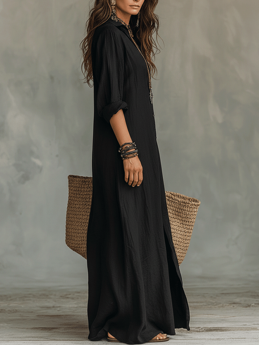 Bohemian | Abito Maxi Nero con Bottoni sul Davanti