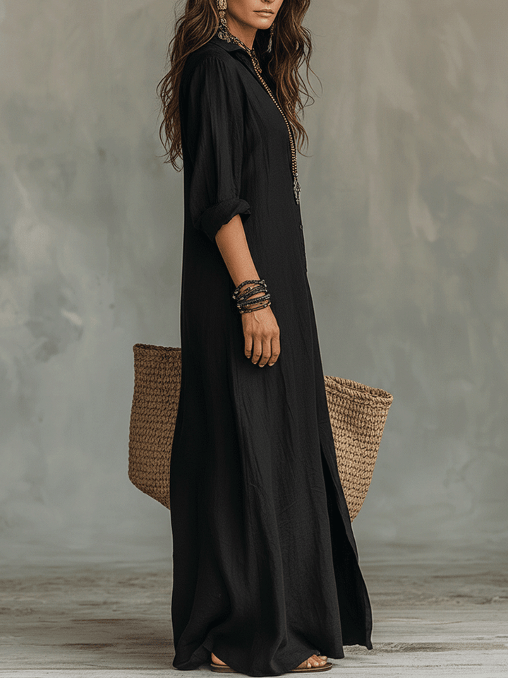 Bohemian | Abito Maxi Nero con Bottoni sul Davanti