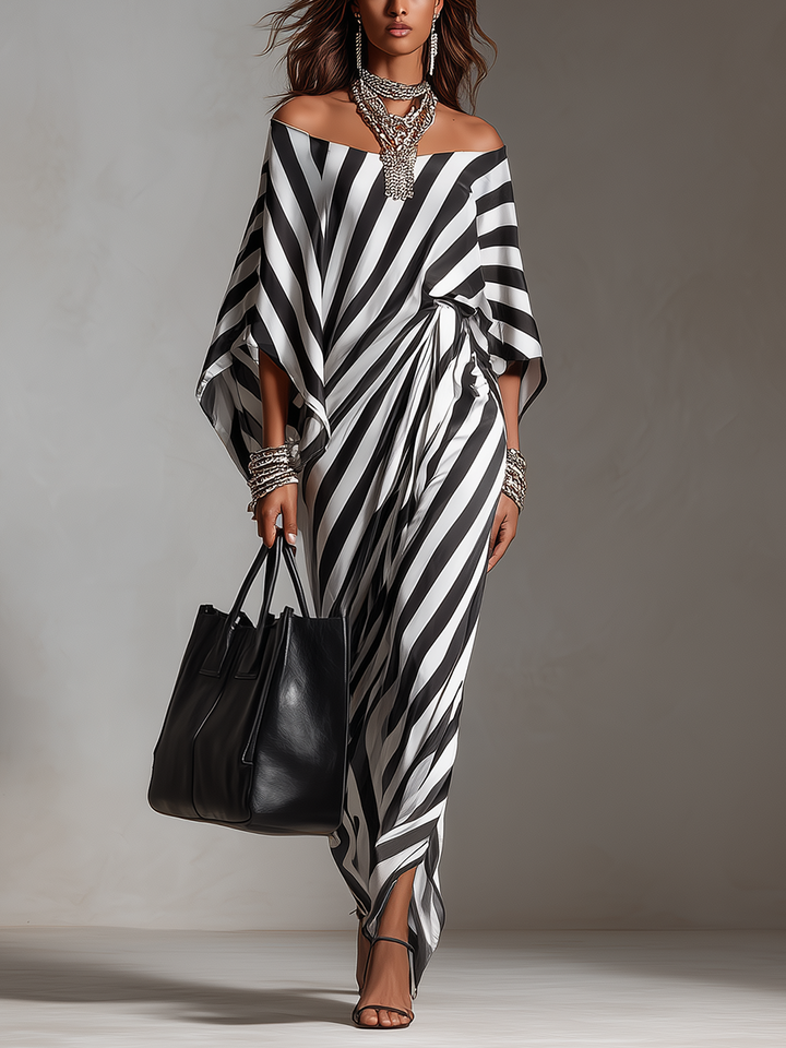 Statement | Abito Maxi Asimmetrico a Righe Monocromatiche