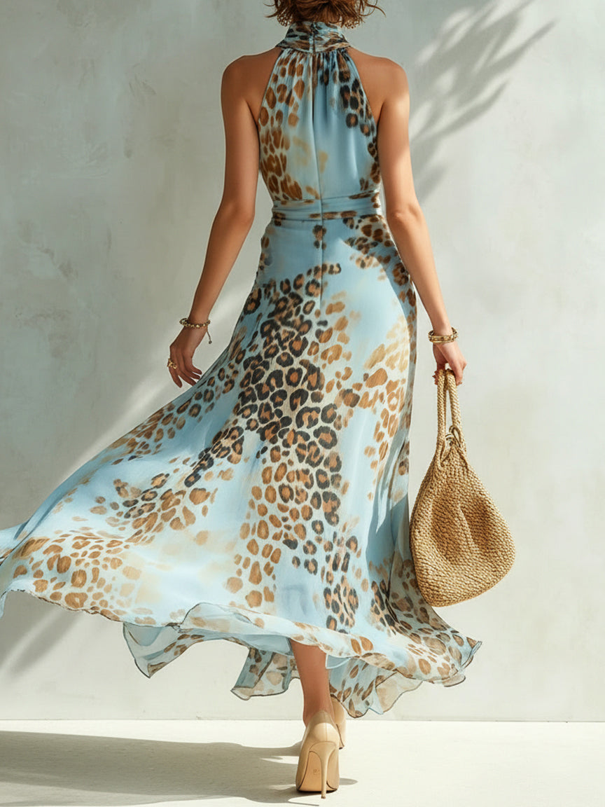 Abito Maxi in Chiffon con Stampa Leopardata Blu