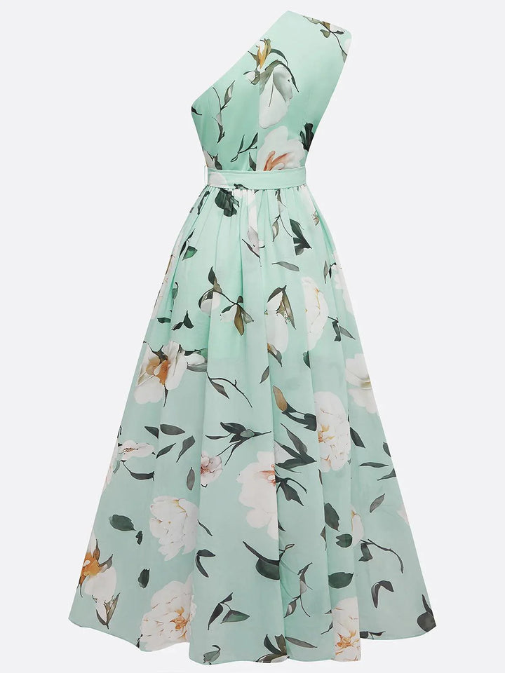 Abito Maxi Monospalla Floreale Verde