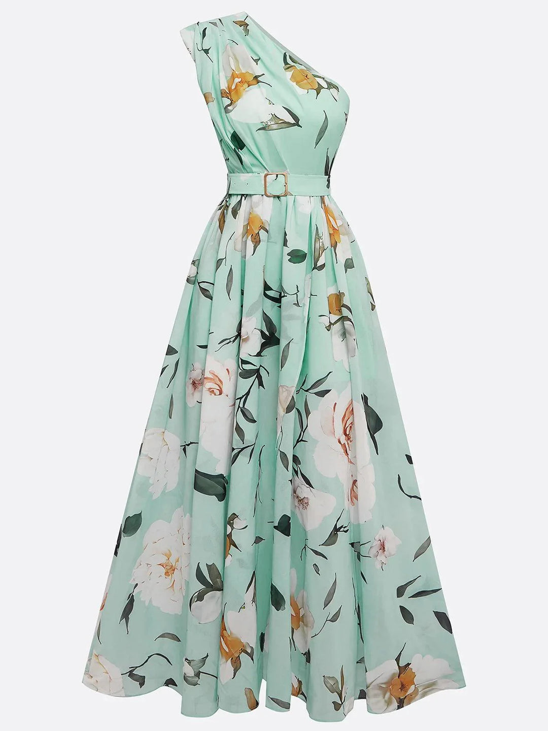 Abito Maxi Monospalla Floreale Verde