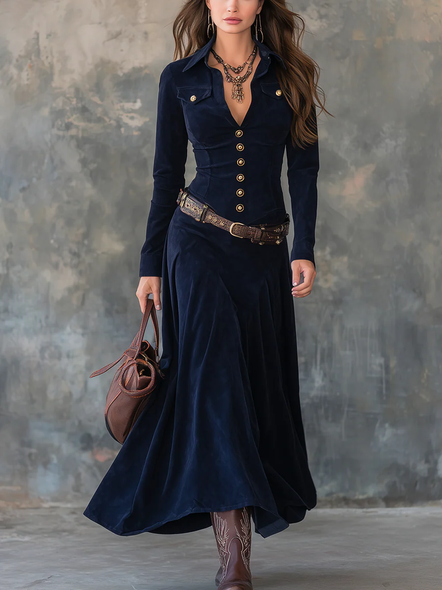 Pavla – Abito lungo elegante con bottoni e vita evidenziata