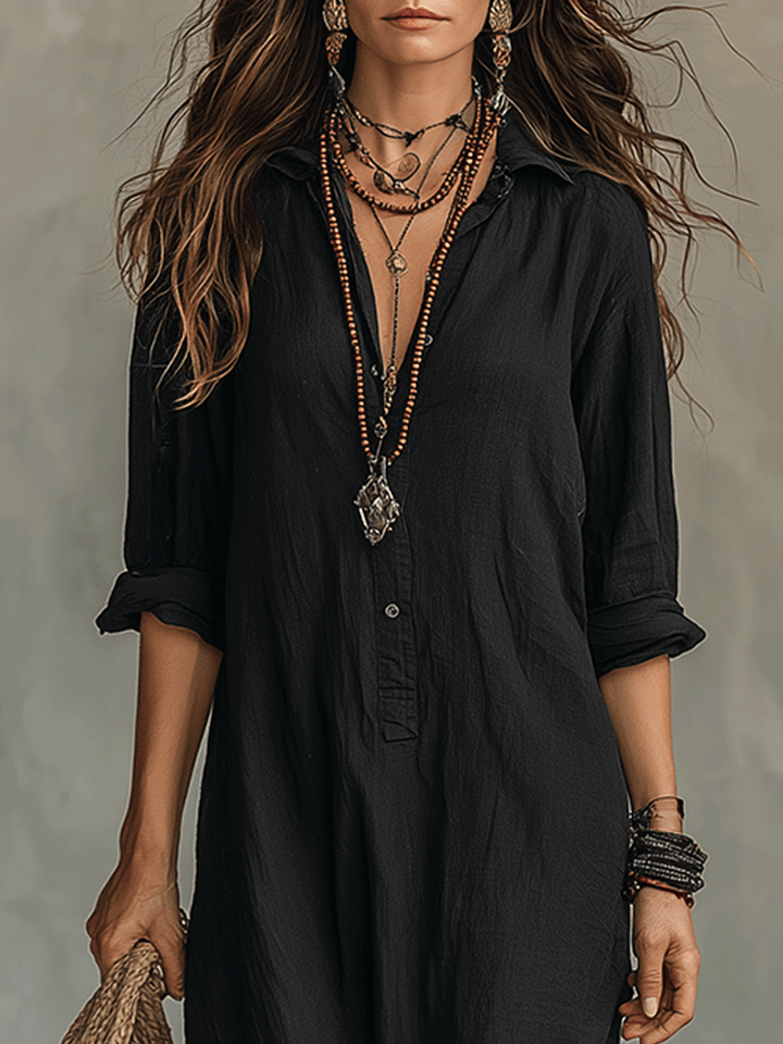 Bohemian | Abito Maxi Nero con Bottoni sul Davanti