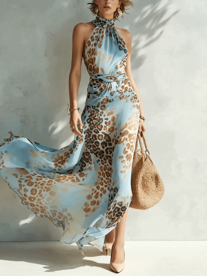 Abito Maxi in Chiffon con Stampa Leopardata Blu